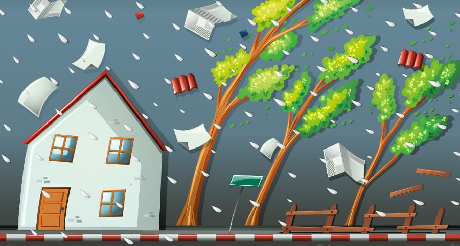 Illustration of a storm affecting a residence and surrounding environment